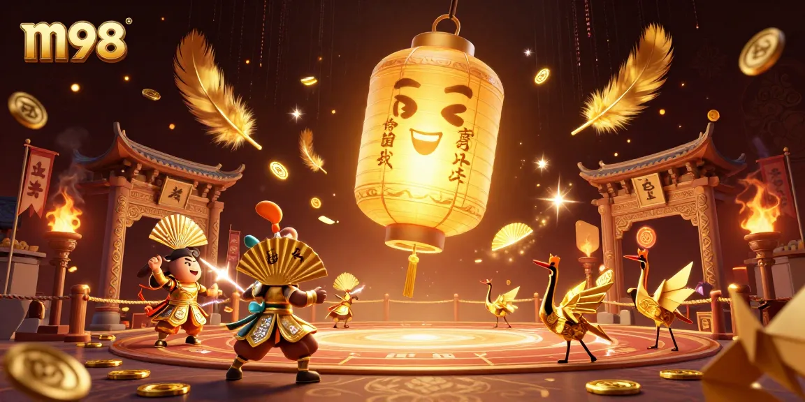 Win big with m98's vibrant casino adventure showcasing golden lantern spirits and gaming excitement.