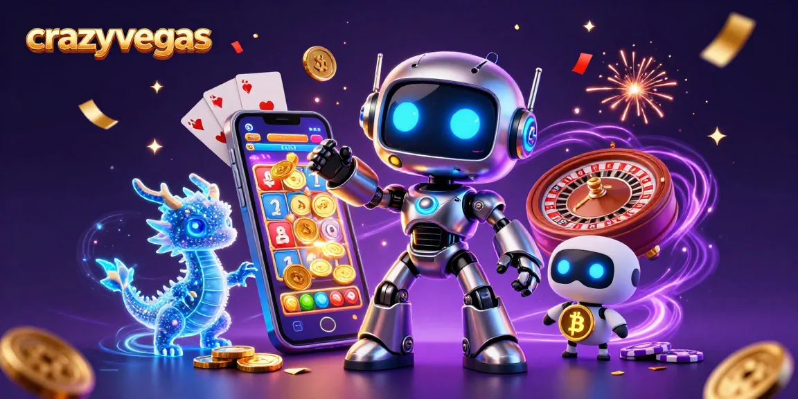 Spin the colorful slot game with crazyvegas' vibrant robot mascot, AI dragon, and bitcoin drone.