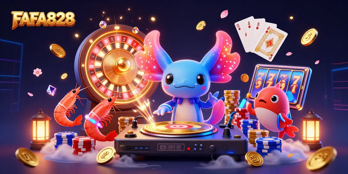 Experience FAFA828 with a vibrant 3D illustration showcasing colorful casino elements and characters.