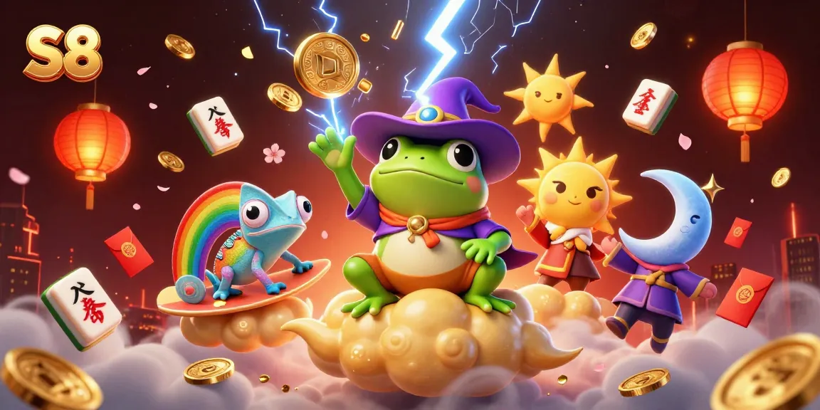 S8 casino experience with vibrant characters creating a golden coin storm, perfect for interactive gaming action.